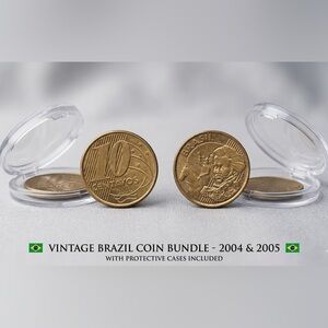 Bundle: Vintage Brazil 10 Centavos Coins (2004 & 2005) + Cases